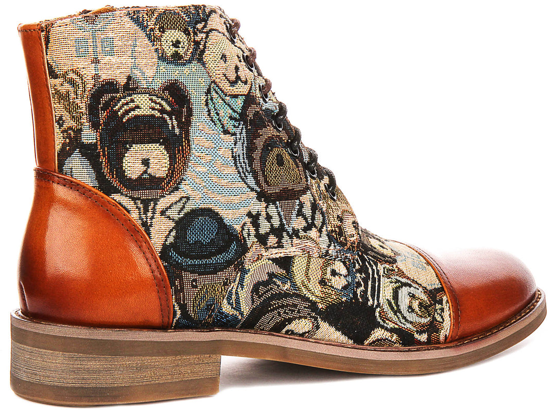Gus Bear Print In Tan Oxford Boots