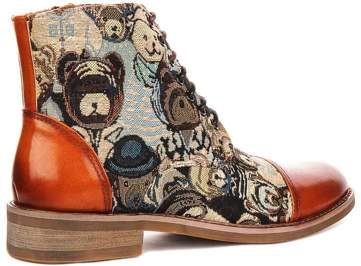 Gus Bear Print In Tan Oxford Boots