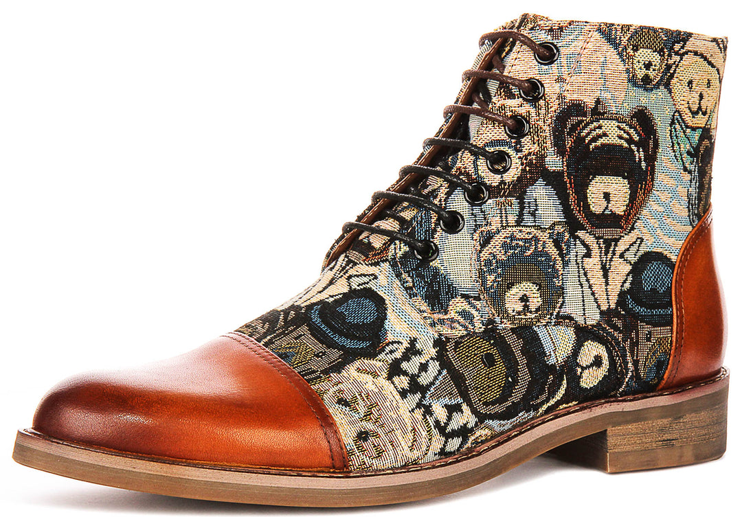 Gus Bear Print In Tan Oxford Boots