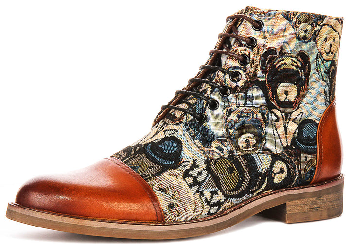 Gus Bear Print In Tan Oxford Boots