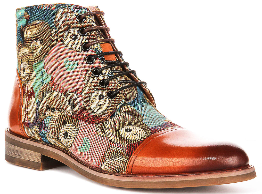 Gus Bear Print In Tan Oxford Boots