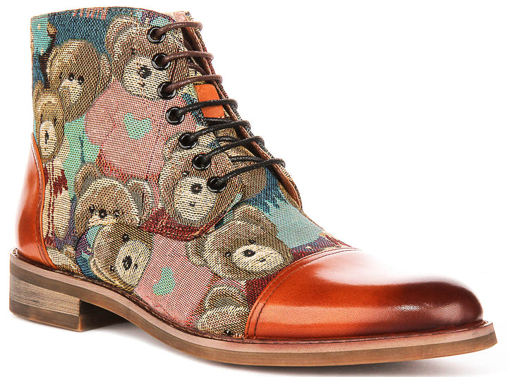 Gus Bear Print In Tan Oxford Boots