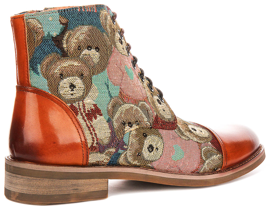 Gus Bear Print In Tan Oxford Boots