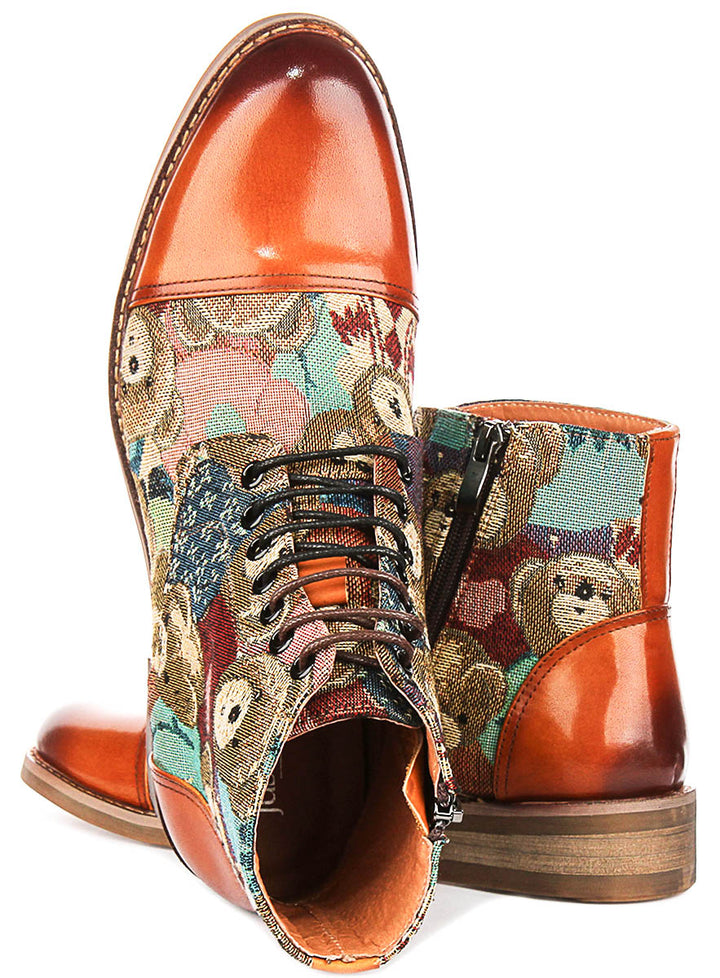 Gus Bear Print In Tan Oxford Boots
