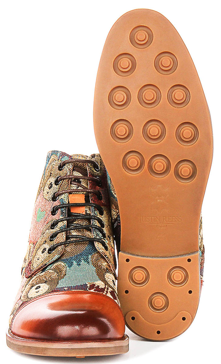 Gus Bear Print In Tan Oxford Boots