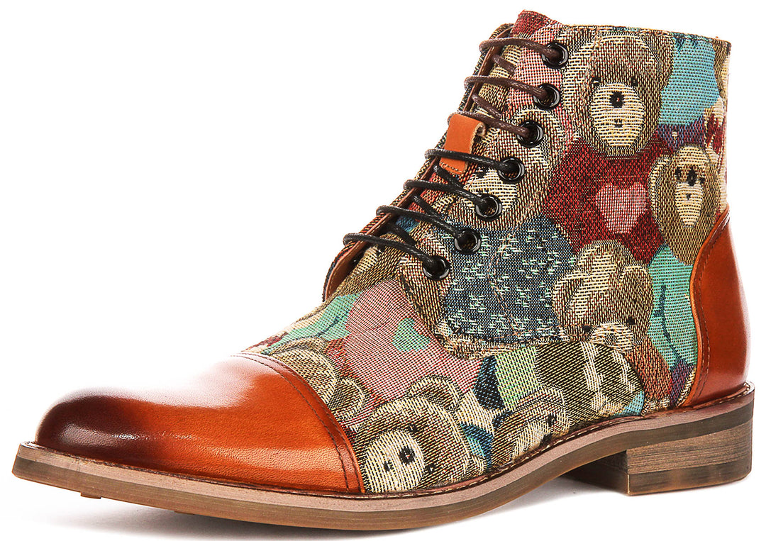 Gus Bear Print In Tan Oxford Boots