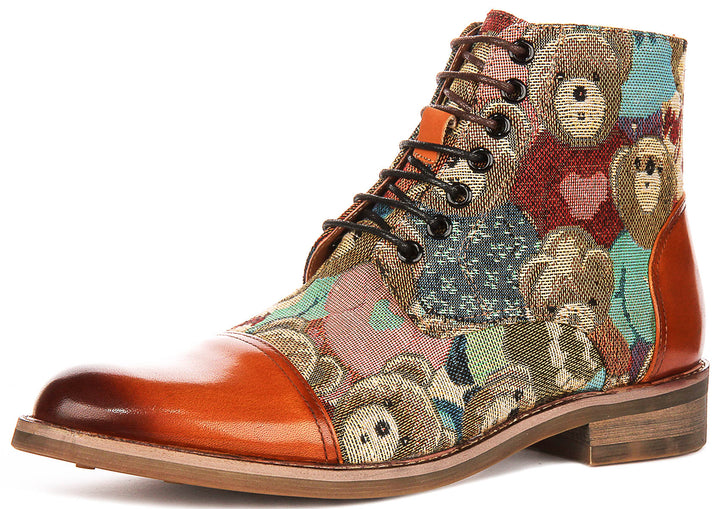 Gus Bear Print In Tan Oxford Boots