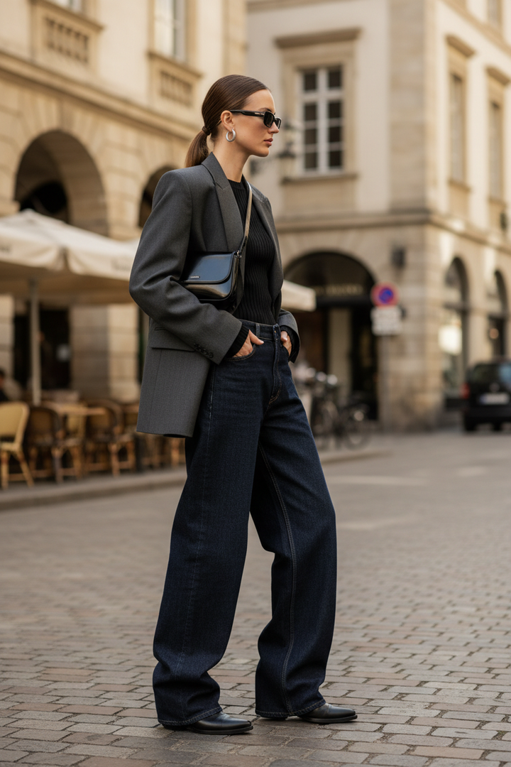 A Womens wearing a black leather Pointed cowboy with baggy Jean and a dark grey blazer