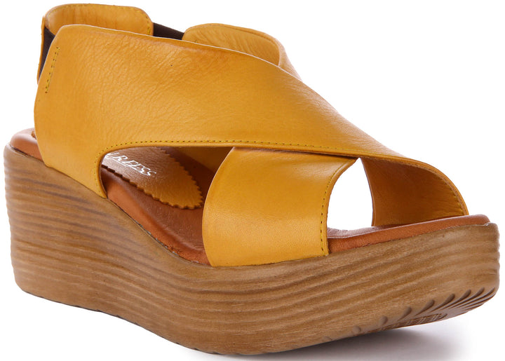 Flora Wedge Leather Sandals In Yellow
