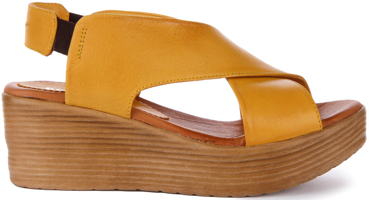 Flora Wedge Leather Sandals In Yellow