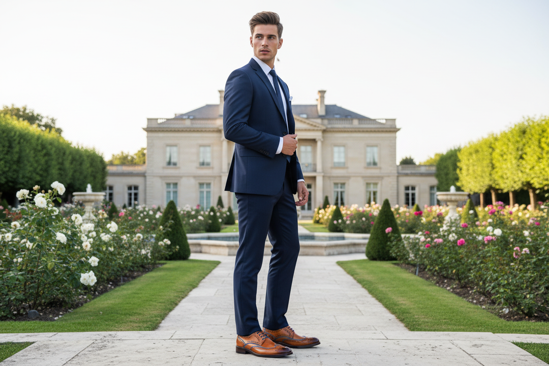 Man in navy suit with visible brown brogues