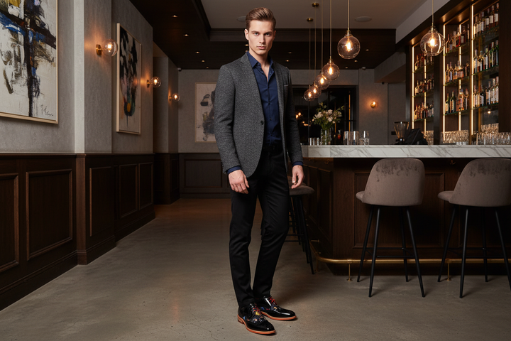 Young man in trendy bar wearing Julius In Black shoes
