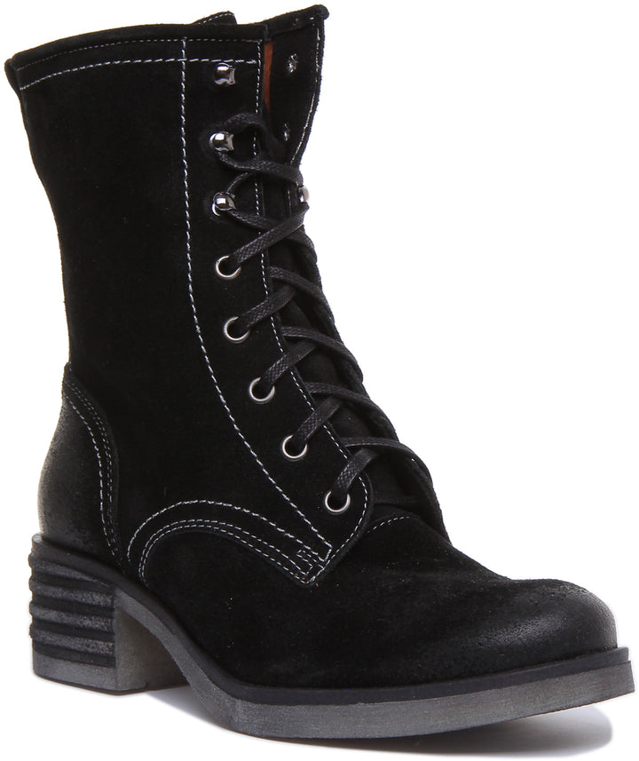 JUSTINREESS ENGLAND Womens Ankle Boots 1200 Lace Up Hiker Boot With Burnished Toe In Black Suede
