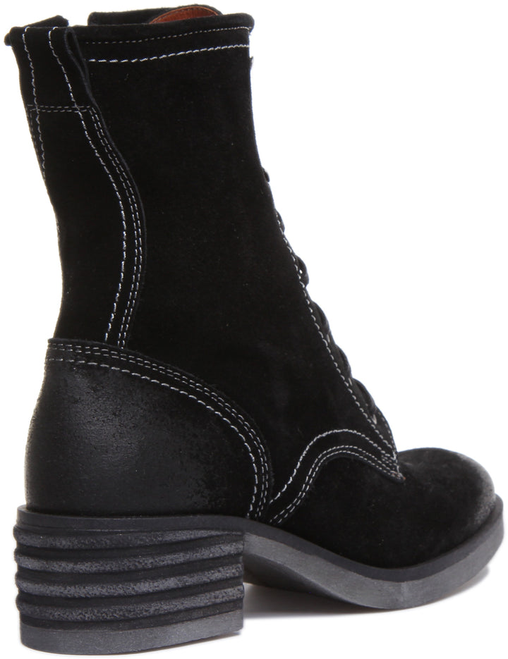 JUSTINREESS ENGLAND Womens Ankle Boots 1200 Lace Up Hiker Boot With Burnished Toe In Black Suede