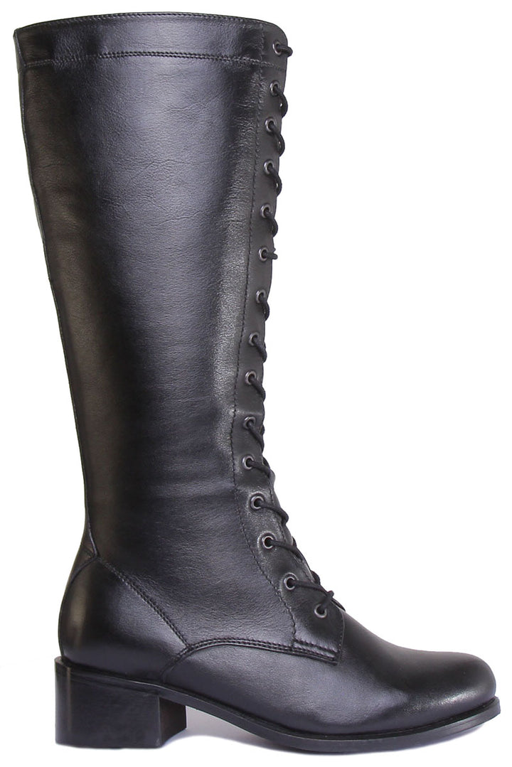 JUSTINREESS ENGLAND Womens Knee High Boot Gemma Long Leather Lace Up Military Boot In Black