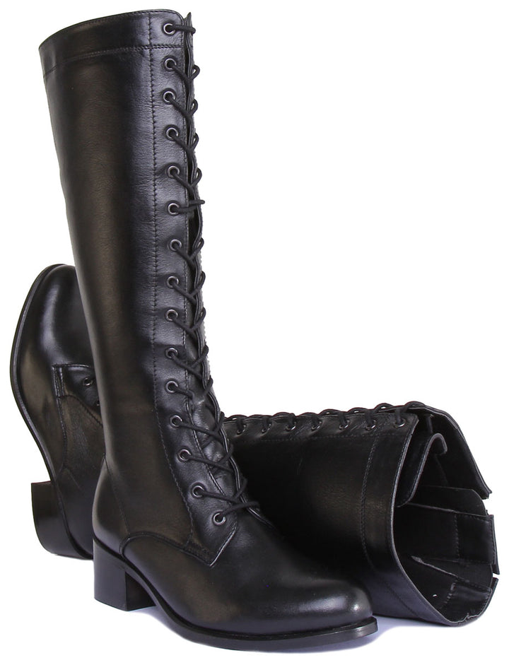 JUSTINREESS ENGLAND Womens Knee High Boot Gemma Long Leather Lace Up Military Boot In Black