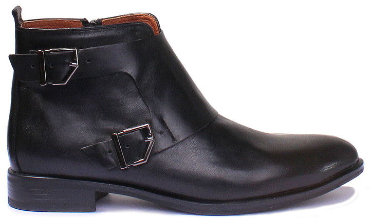 JUSTINREESS ENGLAND Womens Ankle Boots 7900 Leather Buckle Up Military Boot In Black