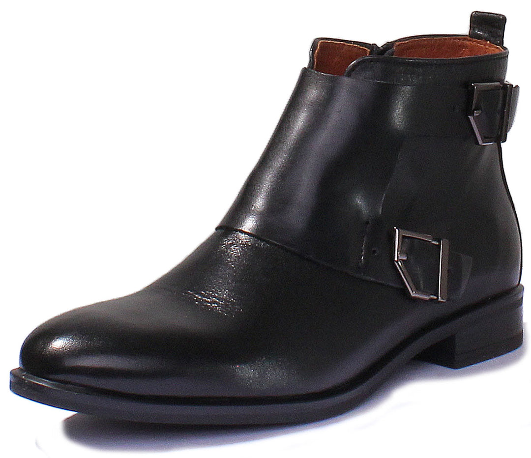 JUSTINREESS ENGLAND Womens Ankle Boots 7900 Leather Buckle Up Military Boot In Black