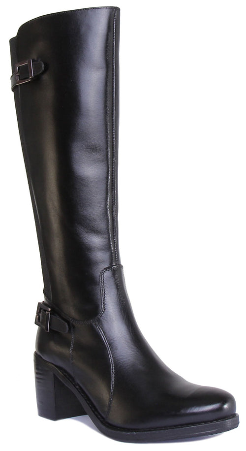 Jolie Long Leather Boot With Block Heel In Black
