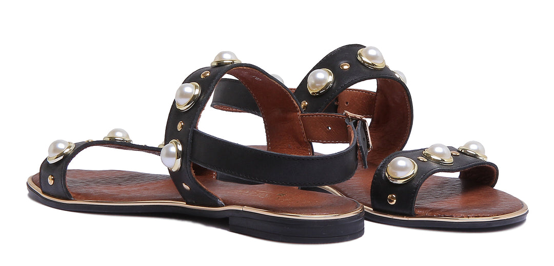 JUSTINREESS ENGLAND Womens Sandals 9200 Beaded Slingback Flat Sandal In Black