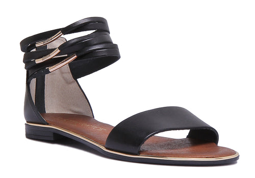 9000 Flat Ankle Strap Leather Sandal In Black