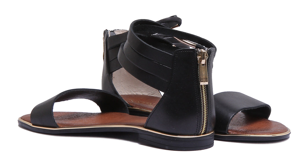 JUSTINREESS ENGLAND Womens Sandals 9000 Flat Ankle Strap Leather Sandal In Black