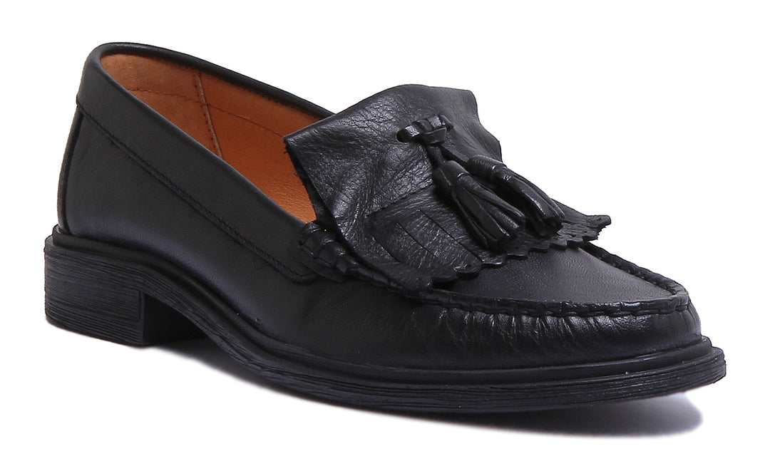 JUSTINREESS ENGLAND Womens Loafers Samantha Slip On Leather Loafer With Fringe In Black