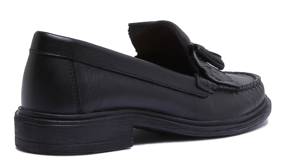 JUSTINREESS ENGLAND Womens Loafers Samantha Slip On Leather Loafer With Fringe In Black