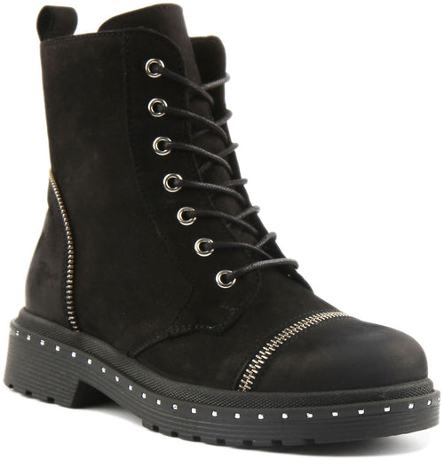 Charlotte Leather Lace Up Military Boot In Black