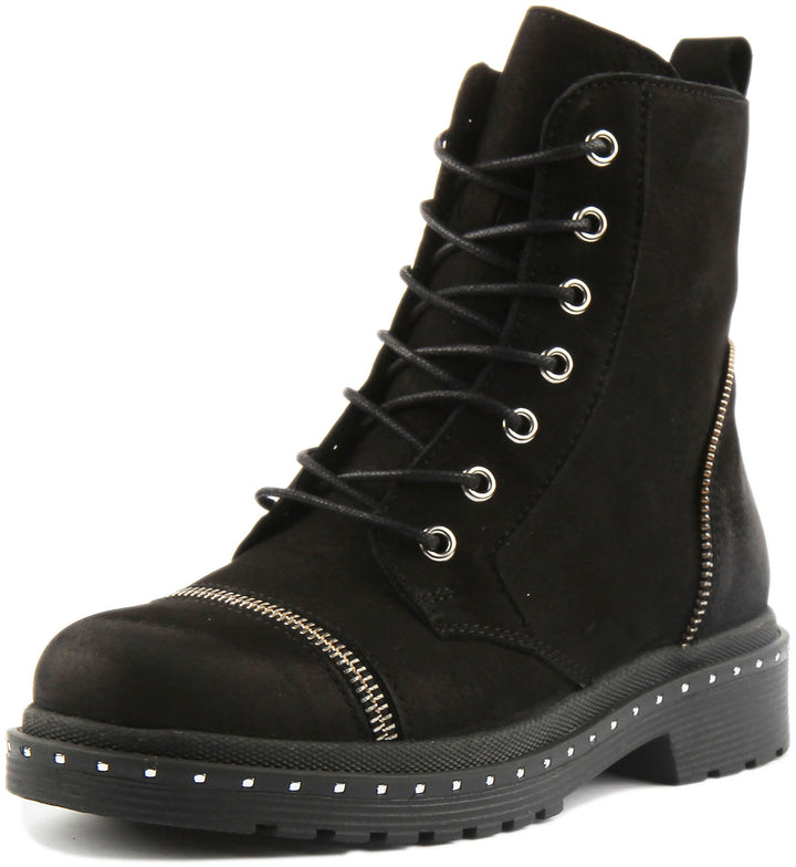 JUSTINREESS ENGLAND Womens Ankle Boots Charlotte Leather Lace Up Military Boot In Black