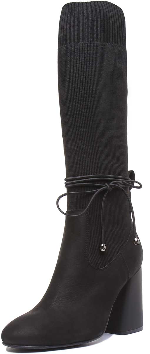 JUSTINREESS ENGLAND Womens Knee High Boot Holly Block Heel Sock Boot In Black