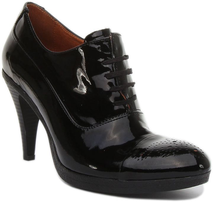 JUSTINREESS ENGLAND Womens Heel Shoes Margy Stilleto Heeled Lace up Brogue Shoes in Black Patent