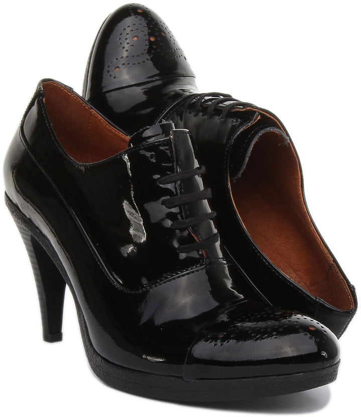 JUSTINREESS ENGLAND Womens Heel Shoes Margy Stilleto Heeled Lace up Brogue Shoes in Black Patent