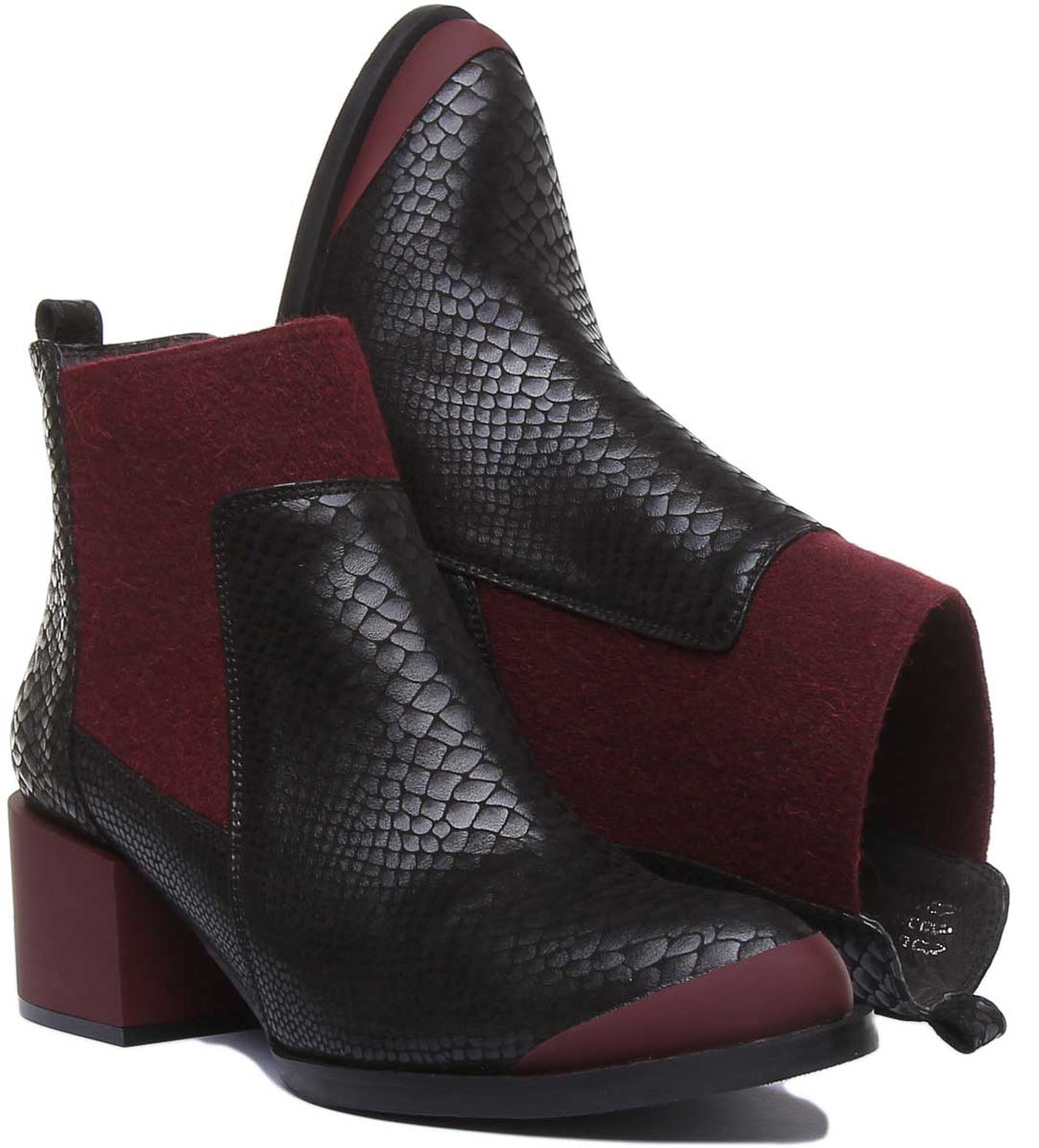 JUSTINREESS ENGLAND Womens Ankle Boots Heather Block Heel Chelsea Boot In Black Red