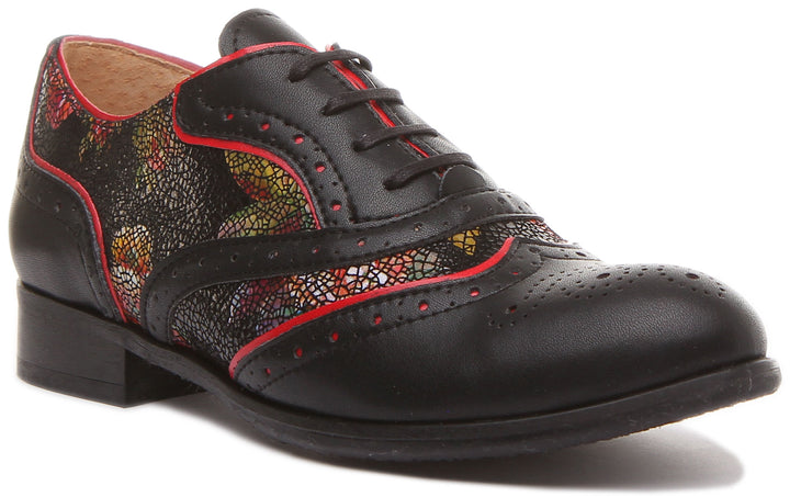 JUSTINREESS ENGLAND Womens Shoes Roxana Lace up Soft Leather Brogue Shoes in Black Flower Print