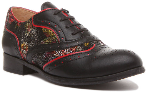 Roxana Lace up Soft Leather Brogue Shoes in Black Flower Print