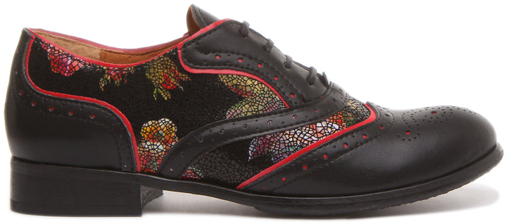 JUSTINREESS ENGLAND Womens Shoes Roxana Lace up Soft Leather Brogue Shoes in Black Flower Print