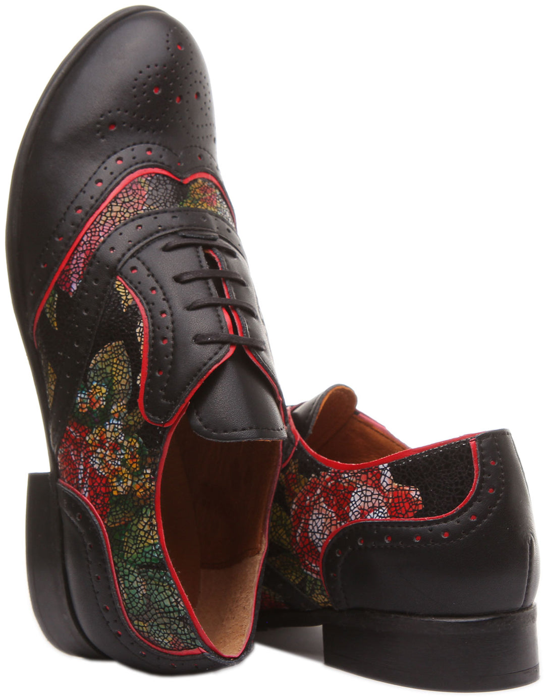 JUSTINREESS ENGLAND Womens Shoes Roxana Lace up Soft Leather Brogue Shoes in Black Flower Print