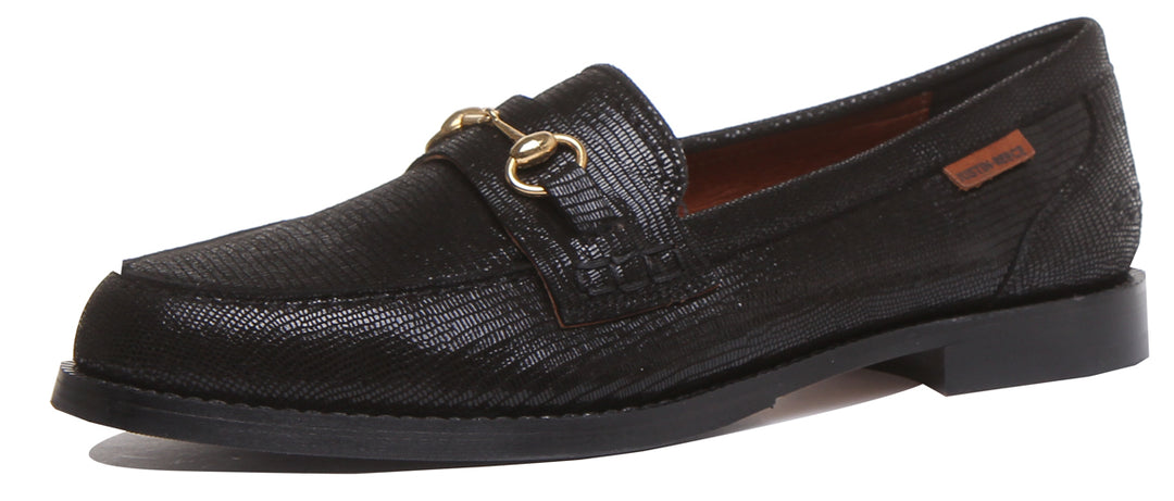JUSTINREESS ENGLAND Womens Loafers 8800 Slip On Leather Loafer With Chain In Black Shiny