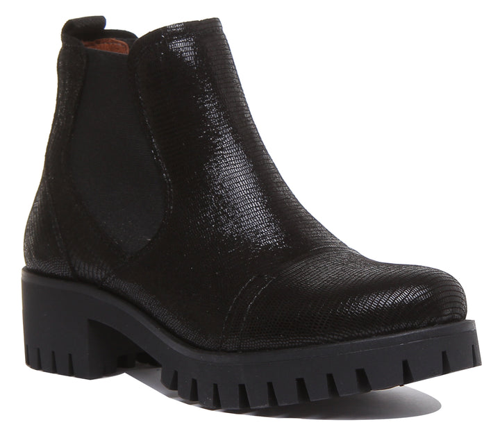 JUSTINREESS ENGLAND Womens Ankle Boots 5200 Boot Rugged Sole Leather Chelsea Boot In Black Shiny