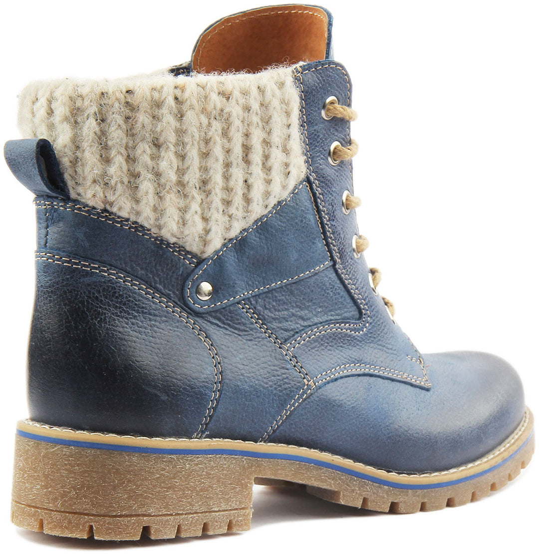 JUSTINREESS ENGLAND Womens Ankle Boots Sophia Warm Collar Leather Hiker Boot In Blue