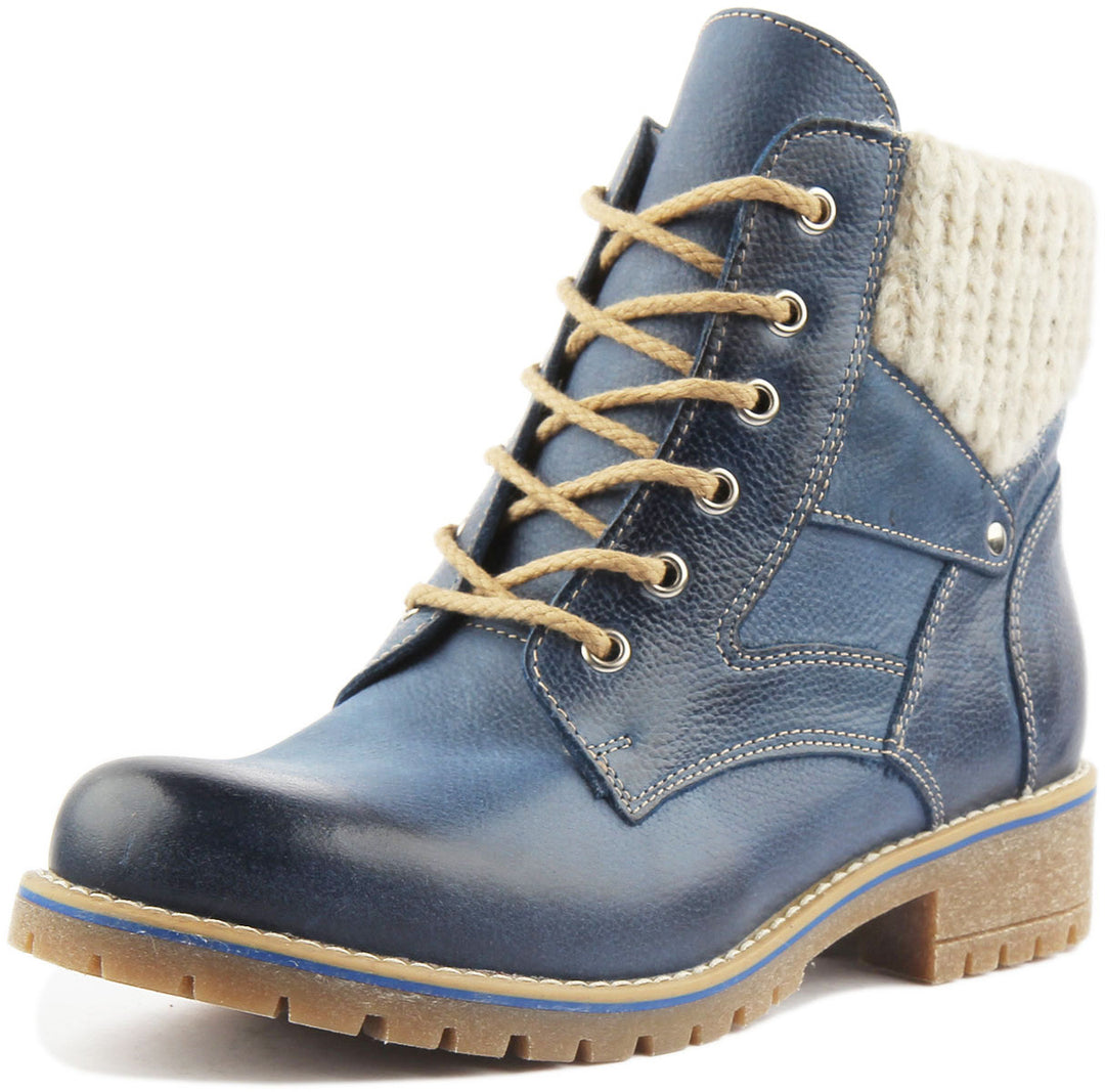 JUSTINREESS ENGLAND Womens Ankle Boots Sophia Warm Collar Leather Hiker Boot In Blue