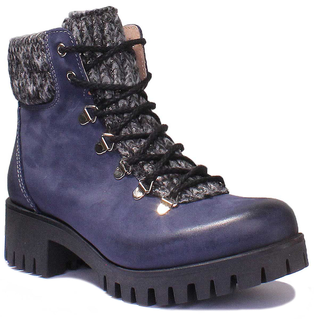 JUSTINREESS ENGLAND Womens Ankle Boots Sara Warm Collar Leather Hiker Boot In Blue