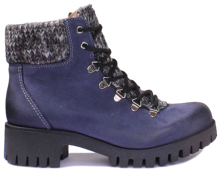 JUSTINREESS ENGLAND Womens Ankle Boots Sara Warm Collar Leather Hiker Boot In Blue