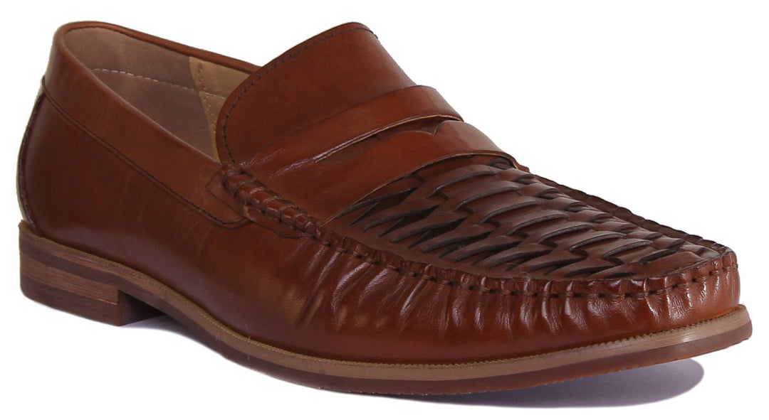 JUSTINREESS ENGLAND Mens Loafers Richard Slip On Woven Leather Shoe In Brown