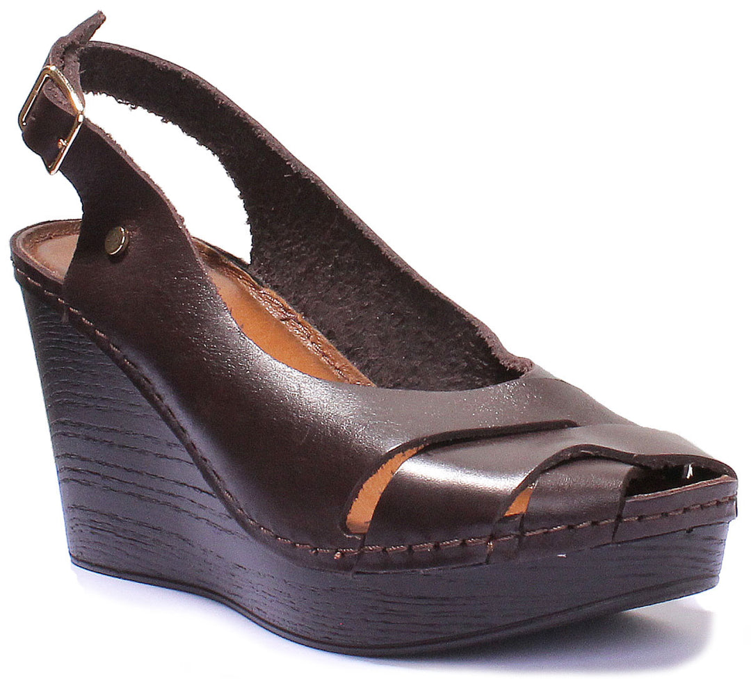 JUSTINREESS ENGLAND Womens Sandals 7820 Slinback Wedge Leather Sandal In Brown
