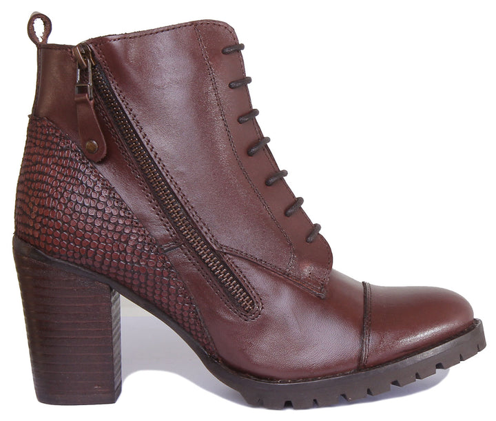 JUSTINREESS ENGLAND Womens Ankle Boots Hilary Leather Lace Up Boot With Snake Print And Zip In Brown