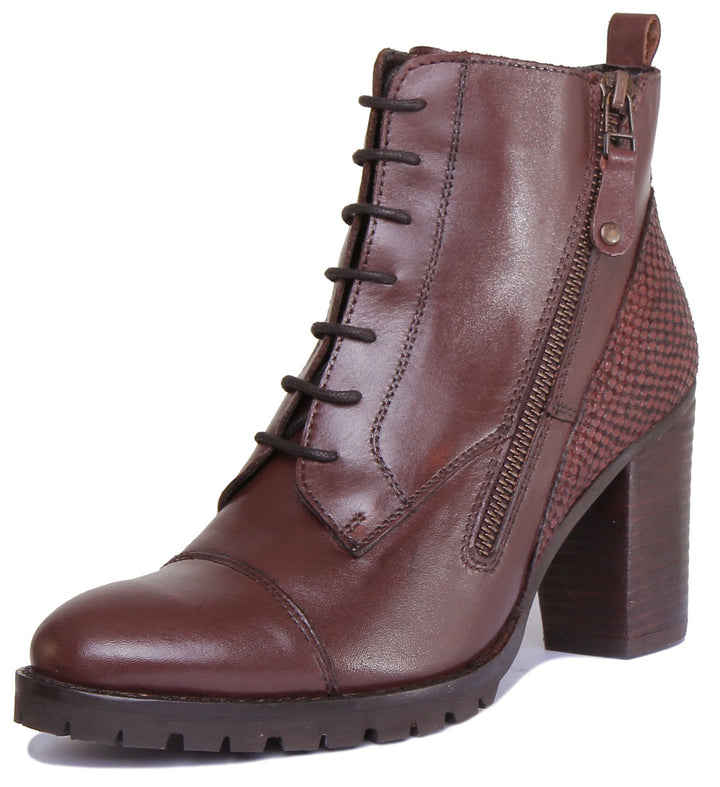 JUSTINREESS ENGLAND Womens Ankle Boots Hilary Leather Lace Up Boot With Snake Print And Zip In Brown