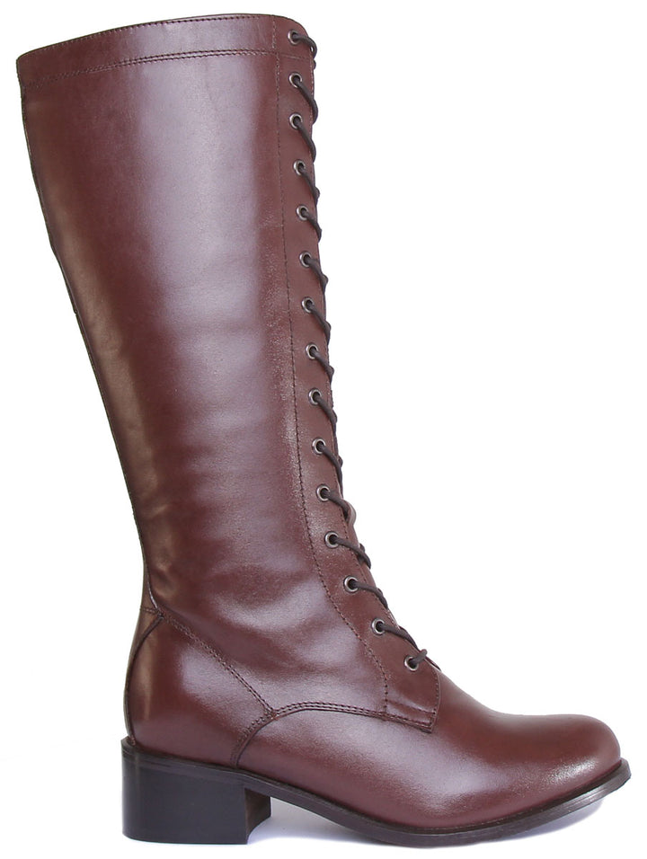 JUSTINREESS ENGLAND Womens Knee High Boot Gemma Long Leather Lace Up Military Boot In Brown