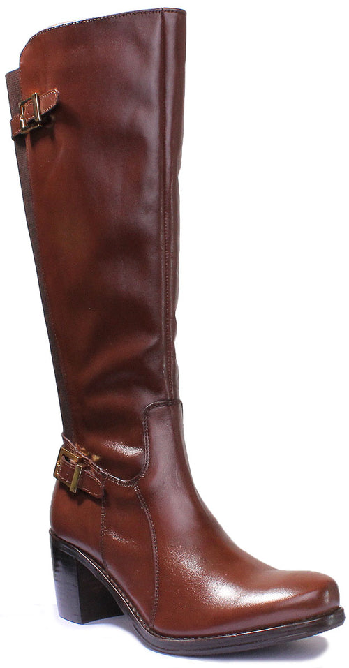 Jolie Long Leather Boot With Block Heel In Brown